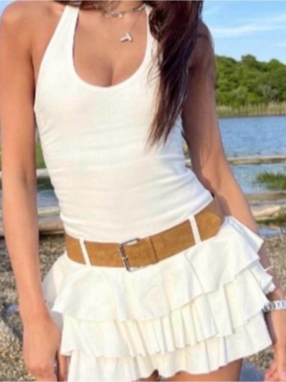 Zara White Tiered Ruffle Mini Skirt with Tan Belt